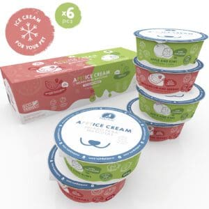 Caja de 6 helados para perros y gatos, incluye 3 helados de sandía y frutos rojos y 3 helados de manzana y kiwi.