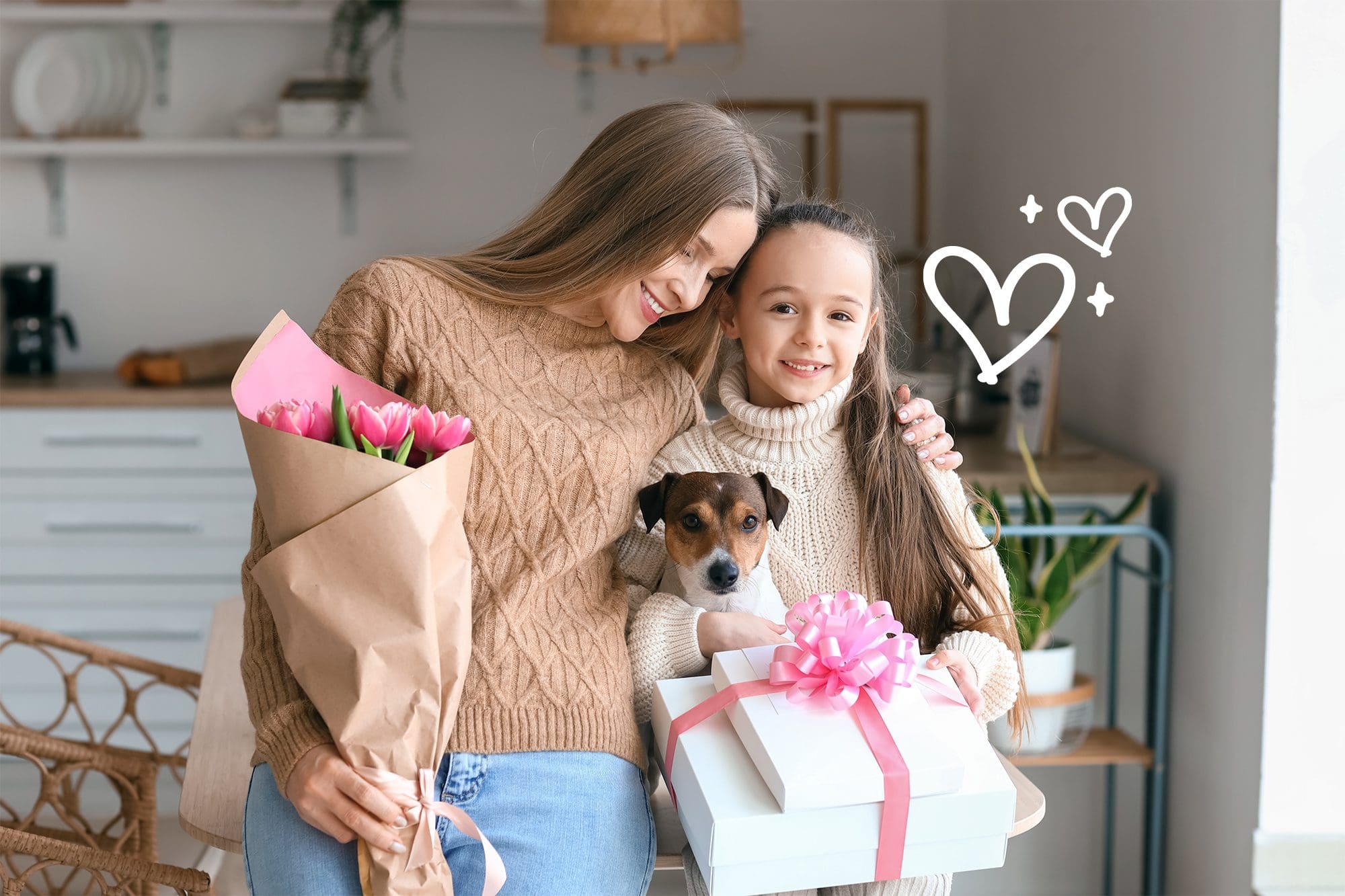 Little girl holding dog snack food and training her dog at home. How to teach your dog to give the paw